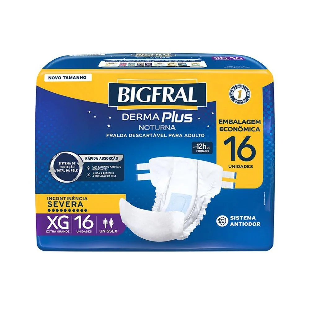 FRALDA DESCARTáVEL ADULTO BIGFRAL DERMA PLUS NOTURNA TAMANHO XG  - PACOTE COM 16 FRALDAS