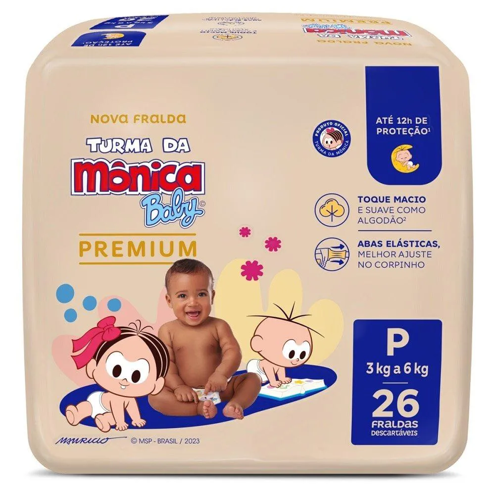 FRALDA DESCARTáVEL TURMA DA MôNICA PREMIUM JUMBO TAMANHO P - 8 PACOTES COM 26 FRALDAS - TOTAL 208 TIRAS
