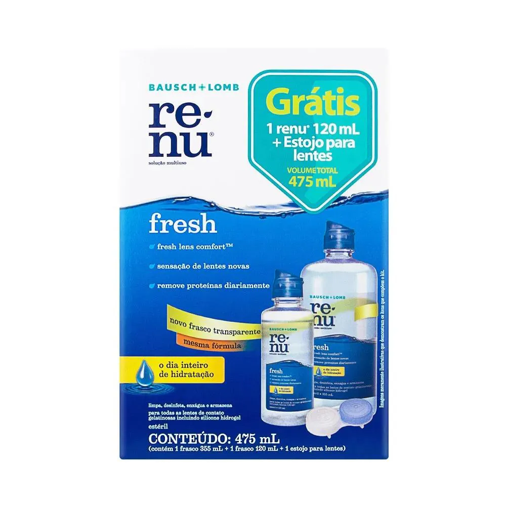 KIT SOLUçãO LIMPEZA LENTES CONTATO FRESH 475ML + ESTOJO RENU