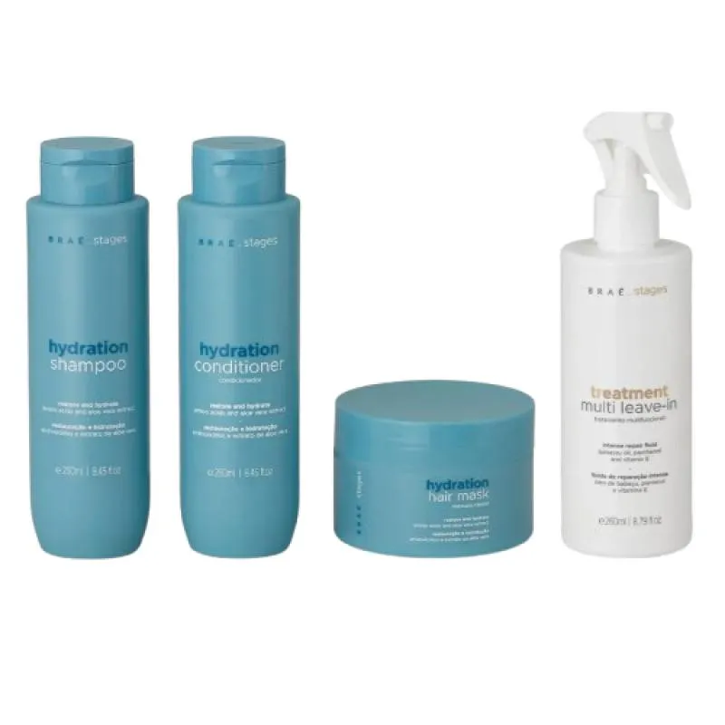 KIT HIDRATAçãO BRAé STAGES - SHAMPOO + CONDICIONADOR + MáSCARA + LEAVE-IN SPRAY - HIDRATAçãO PROFUNDA, NUTRIçãO INTENSA