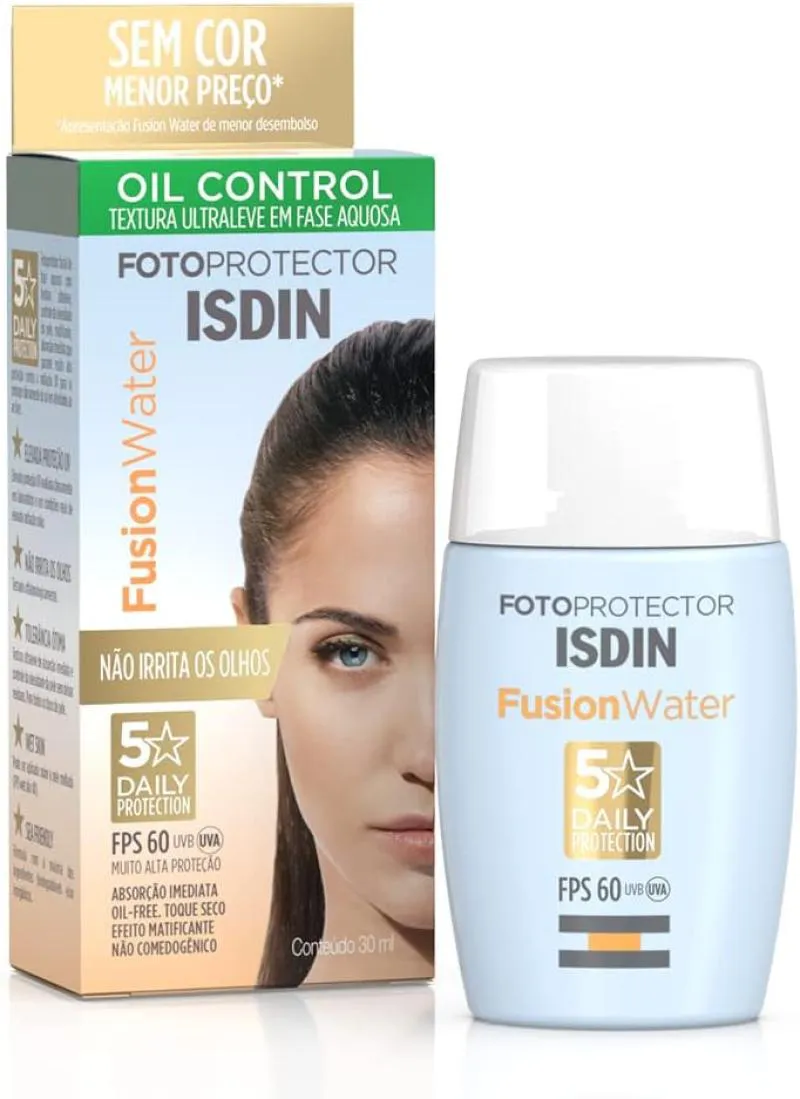 PROTETOR SOLAR FACIAL ISDIN FUSION WATER FPS 60 SEM COR 30ML - PROTEçãO 5 ESTRELAS, TEXTURA LEVE E NãO OLEOSA, IDEAL PAR