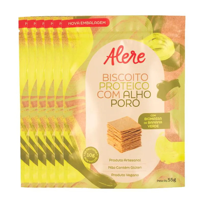 KIT 6X: BISCOITO PROTEICO COM ALHO PORó SEM GLúTEN ALERE 55G