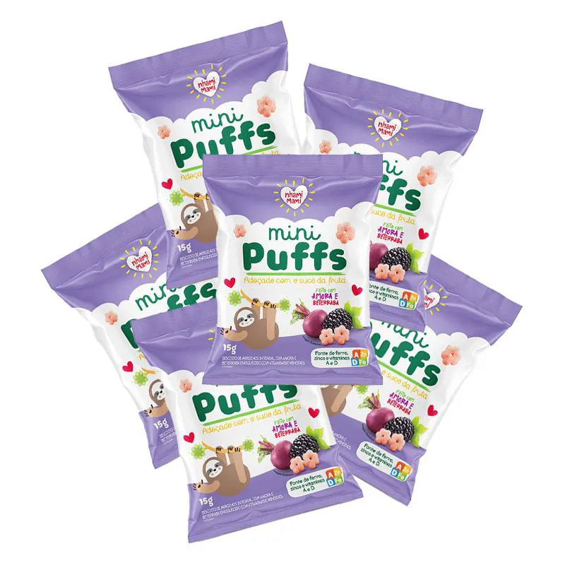 KIT 6X: SNACK INFANTIL MINI PUFFS AMORA E BETERRABA NHAMI MAMI 15G