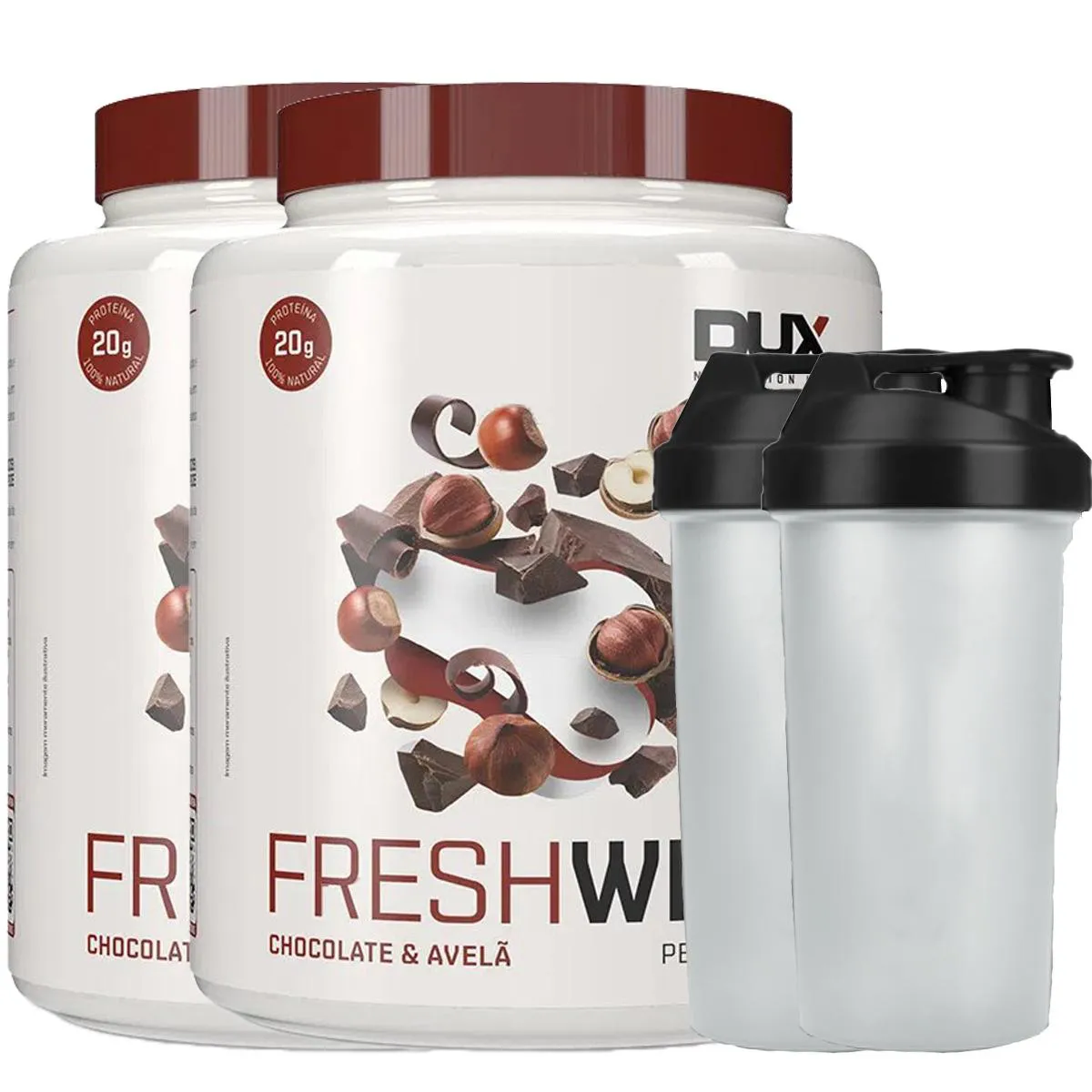 COMBO 2X FRESH WHEY CONC. ISOLADO HIDROLISADO CHOCOLATE BELGA E AVELA 450G + 2X COQUETELEIRA DUX