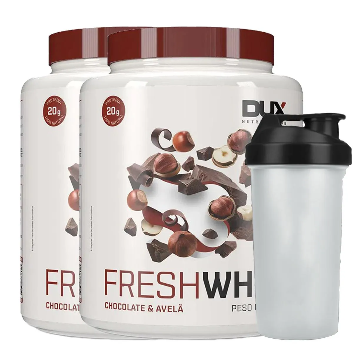 COMBO 2X FRESH WHEY CONC. ISOLADO HIDROLISADO CHOCOLATE BELGA E AVELA 450G + COQUETELEIRA DUX