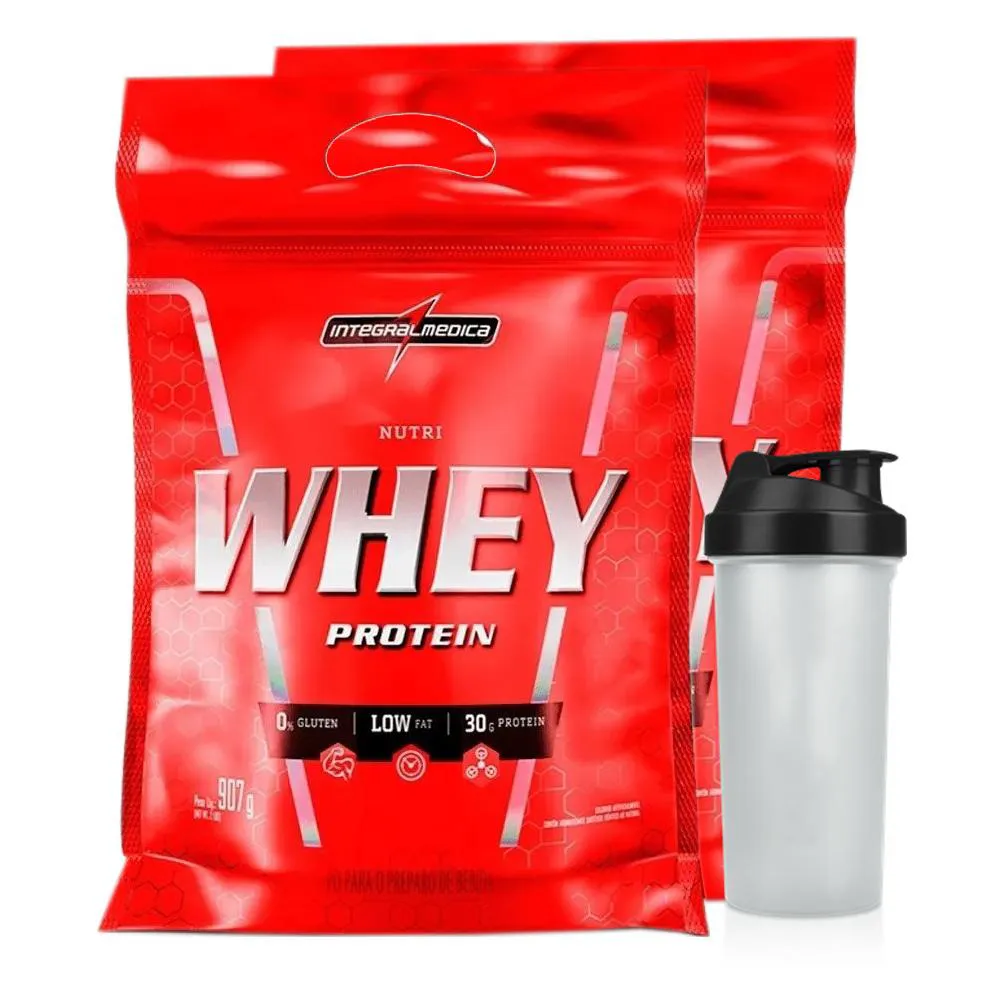 COMBO 2X NUTRI WHEY ISOLADO CONCENTRADO MORANGO + COQUETELEIRA - INTEGRALMEDICA