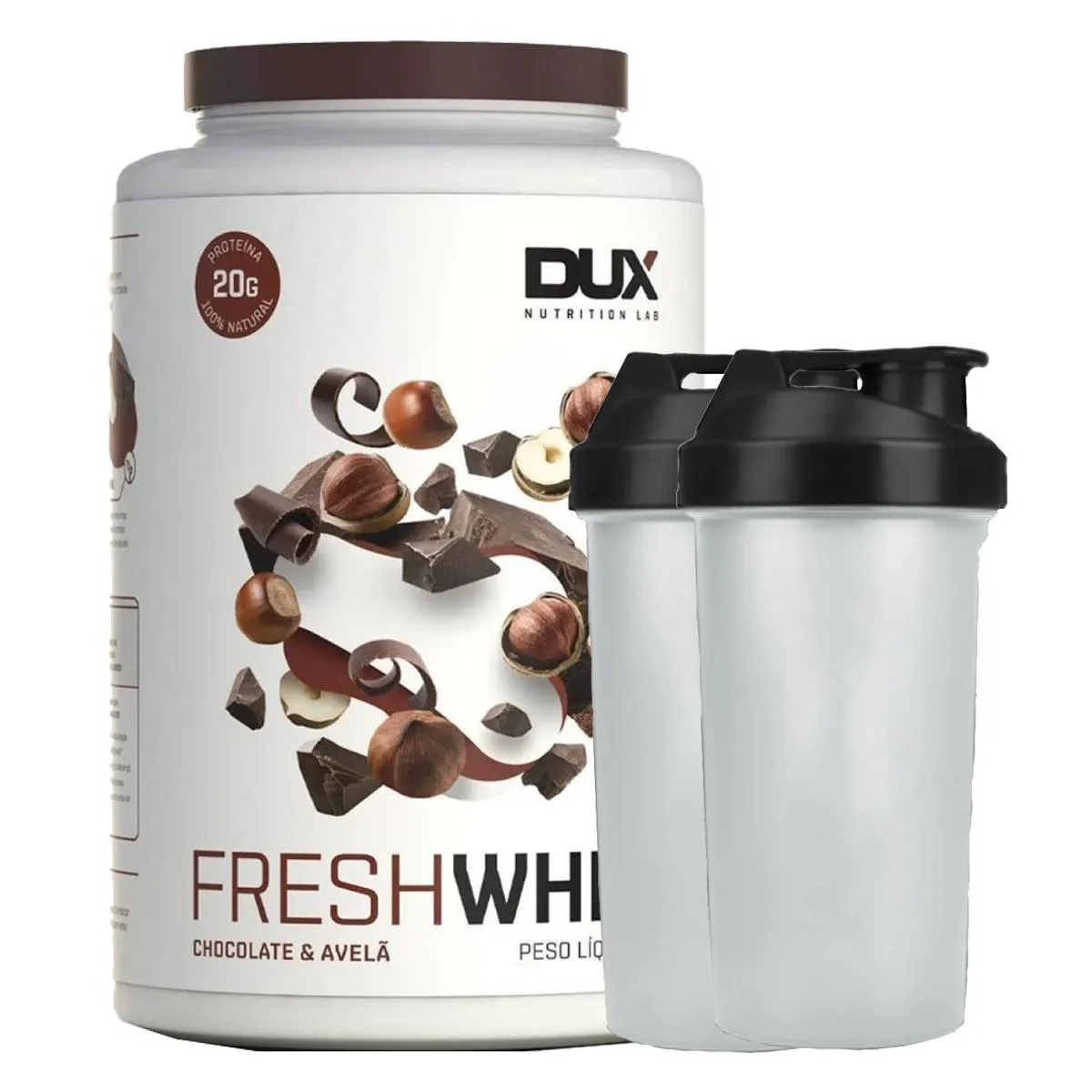 COMBO FRESH WHEY 900G CHOCOLATE BELGA E AVELã + 2X COQUETELEIRA - DUX NUTRITION