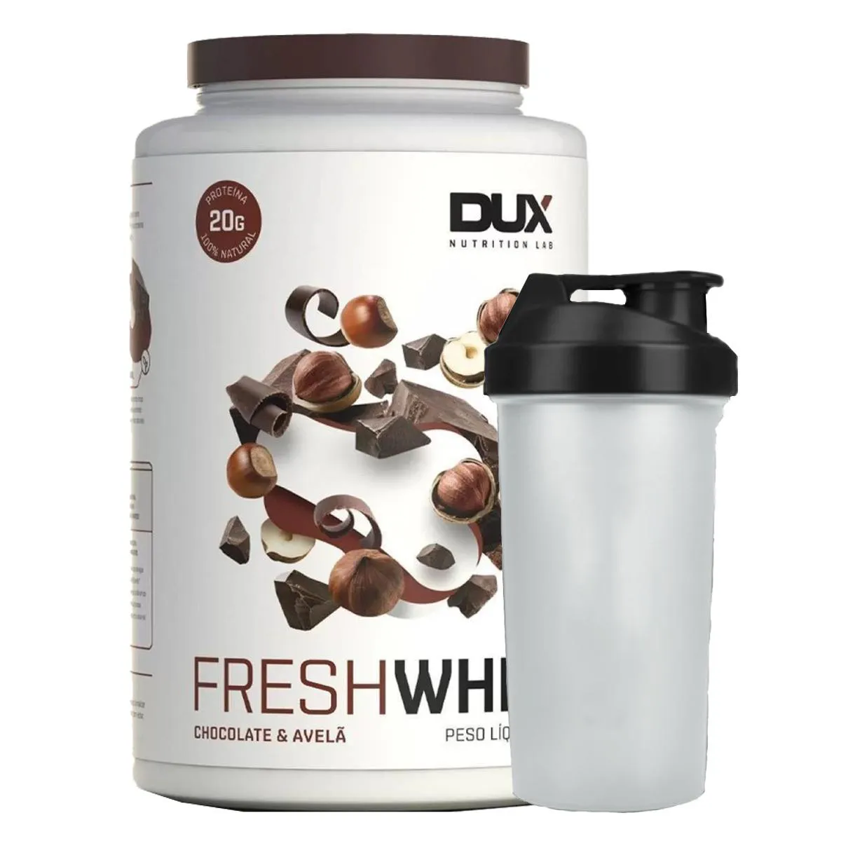 COMBO FRESH WHEY 900G CHOCOLATE BELGA E AVELã + COQUETELEIRA - DUX NUTRITION