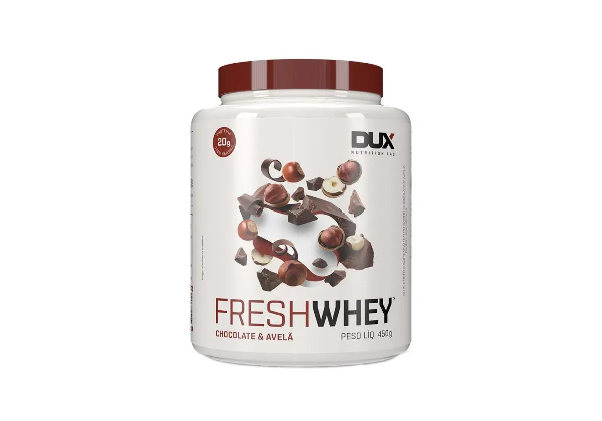 FRESH WHEY 3W CONC. ISOLADO NUTRI HIDROLISADO CHOCOLATE BELGA E AVELA 450G - DUX NUTRITION