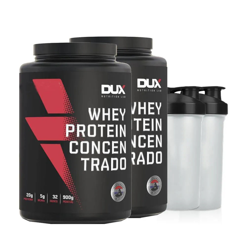 KIT 2X WHEY PROTEIN CONCENTRADO 900G COOKIES + 2X COQUETELEIRA - DUX NUTRITION