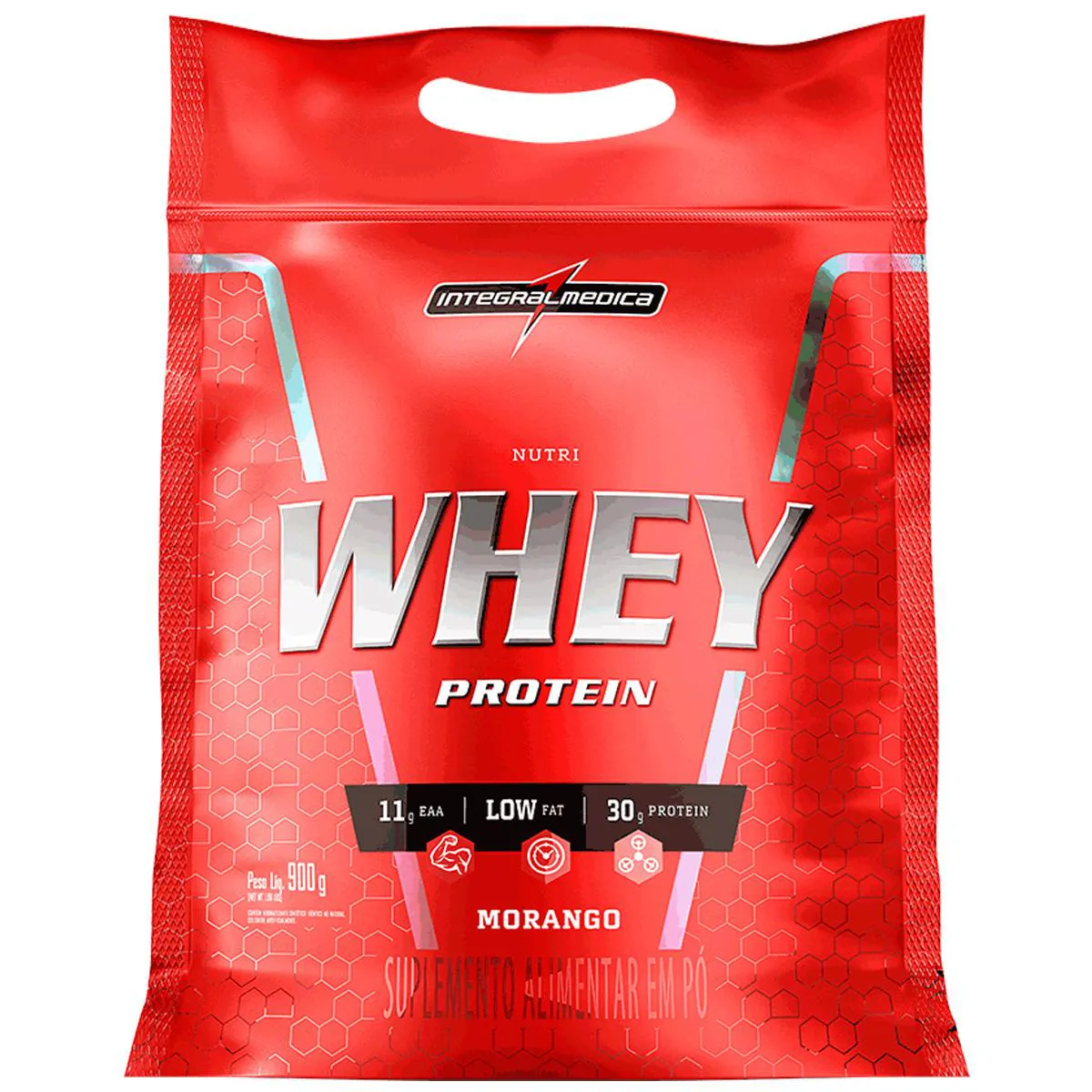 NUTRI WHEY PROTEIN PARA GANHO DE PESO MORANGO 900G REFIL - INTEGRALMEDICA