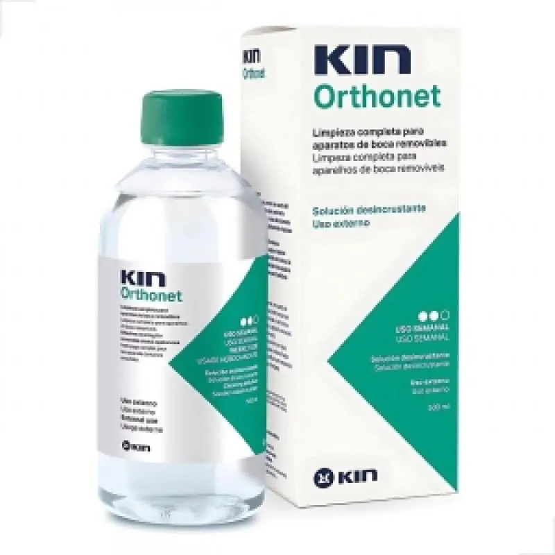 KIN ORTHONET DESINCRUSTANTE 500ML HIGIENE PROFISSIONAL PRóTESES APARELHOS DENTáRIOS REMOçãO PLACAS LIMPEZA BUCAL EFICIEN