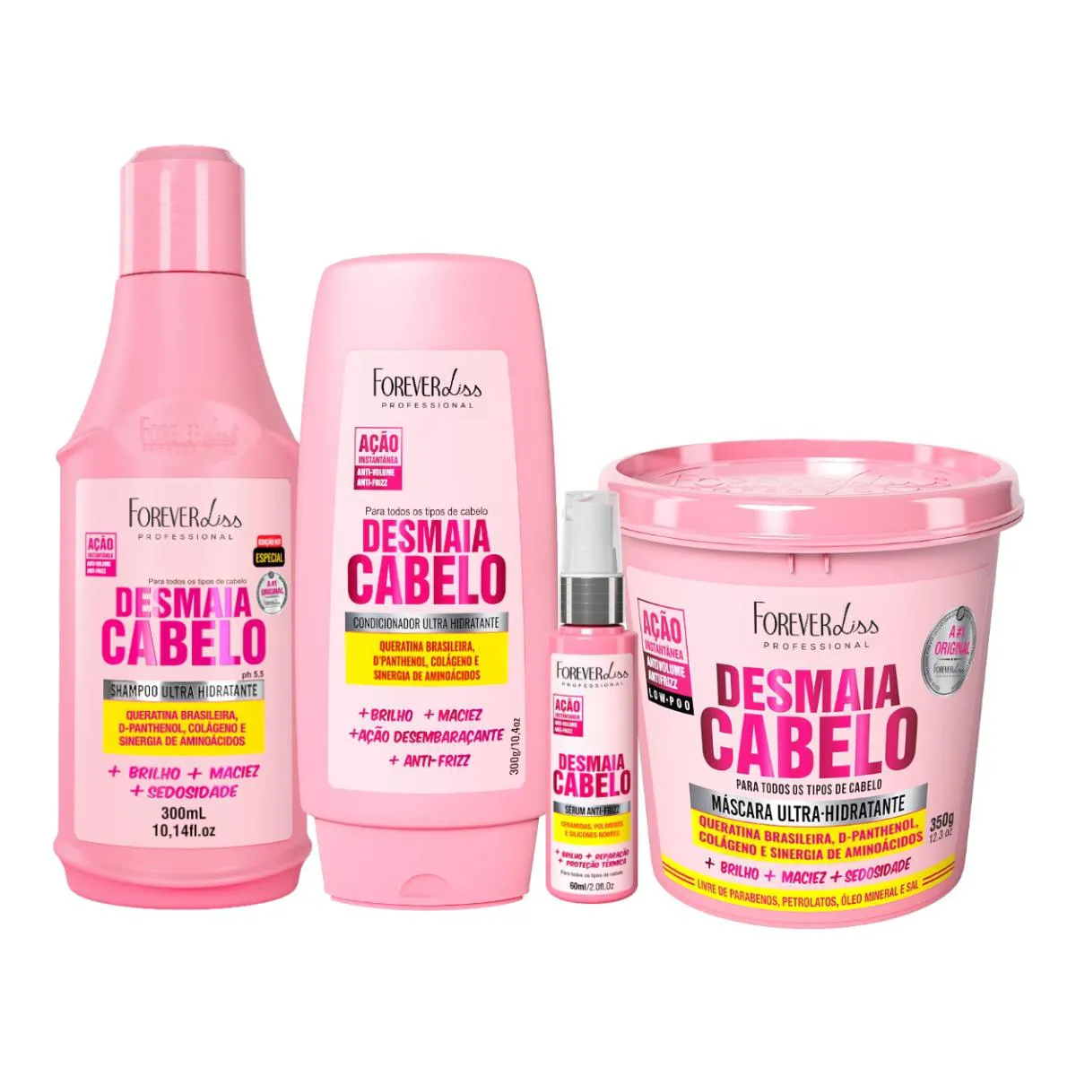 KIT SHAMPOO CONDICIONADOR MáSCARA SéRUM DESMAIA FOREVER LISS