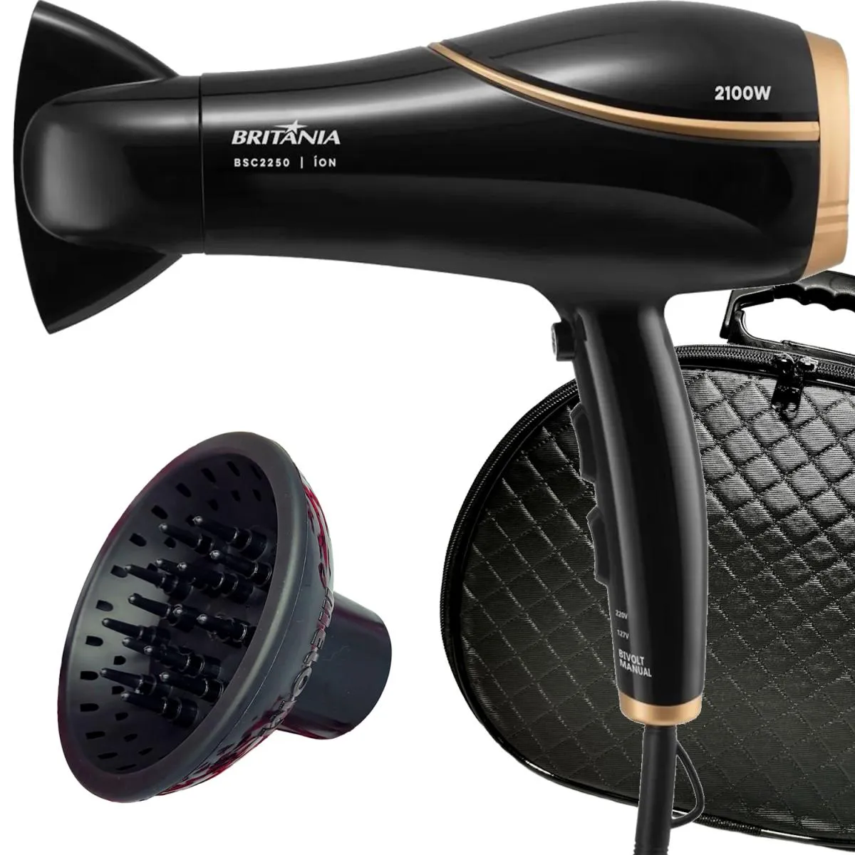 SECADOR DE CABELO BRITANIA PROFISSIONAL 2100W IONS TOURMALINE AR QUENTE FRIO DOURADO BIVOLT DIFUSOR CACHOS MALETA Secbdourdpmal