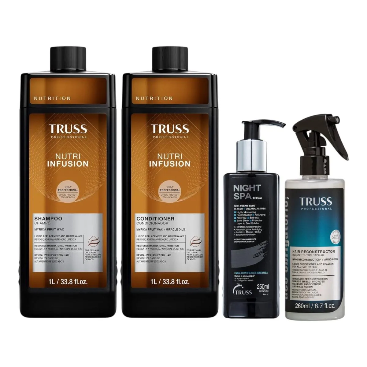 KIT TRUSS NUTRI INFUSION - SHAMPOO 1L + CONDICIONADOR 1L + NIGHT SPA 250ML + USO OBRIGATóRIO SPRAY 260ML