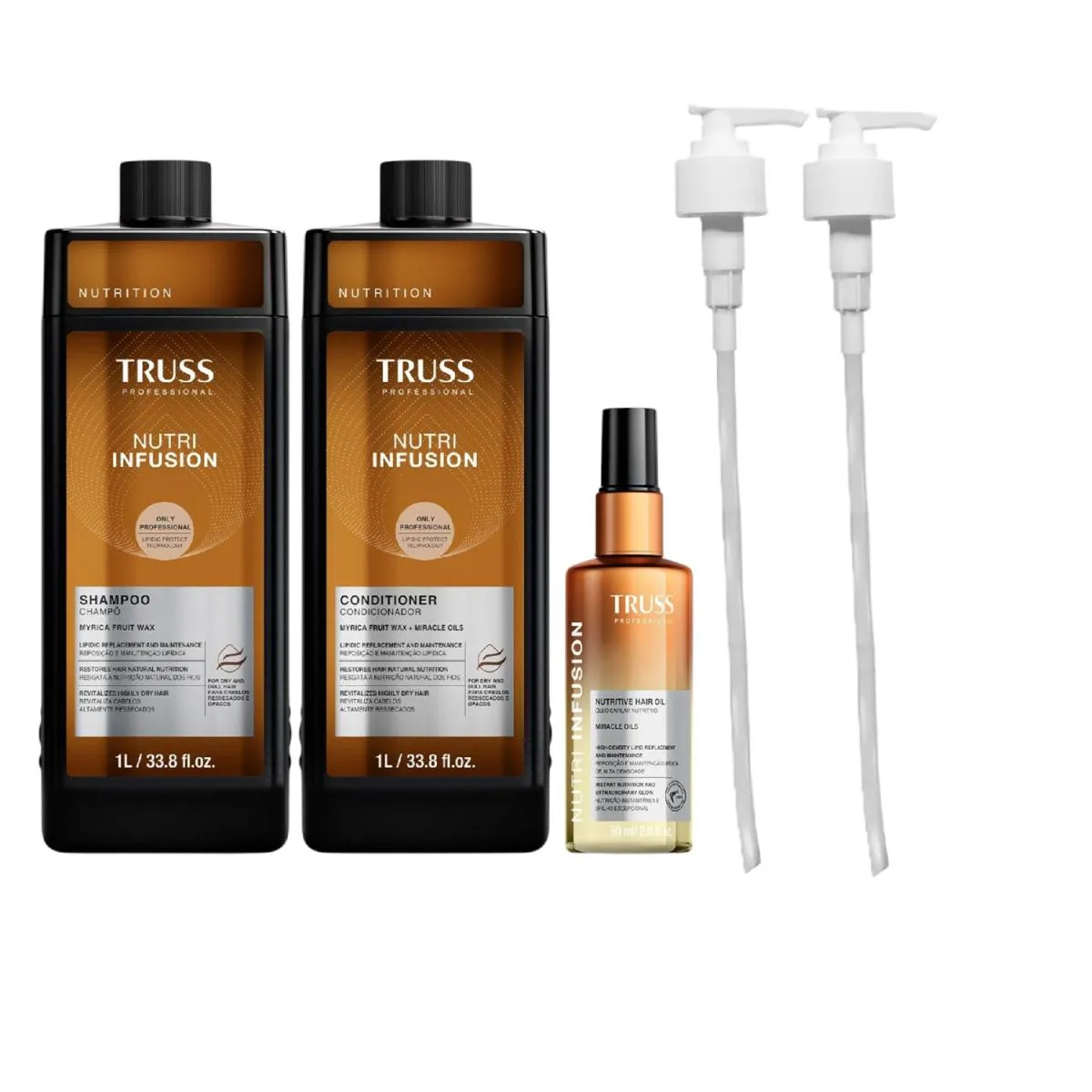 KIT TRUSS NUTRI INFUSION - SHAMPOO 1L + CONDICIONADOR 1L + ÓLEO 60ML + VáLVULA PUMP