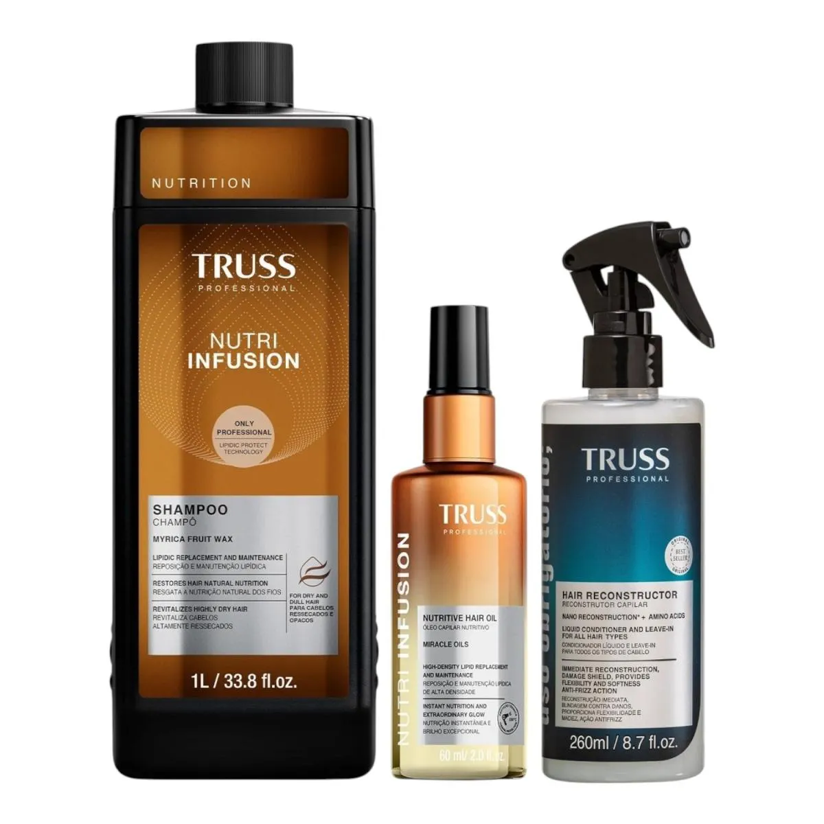 KIT TRUSS NUTRI INFUSION - SHAMPOO 1L + ÓLEO 60ML + USO OBRIGATóRIO SPRAY 260ML