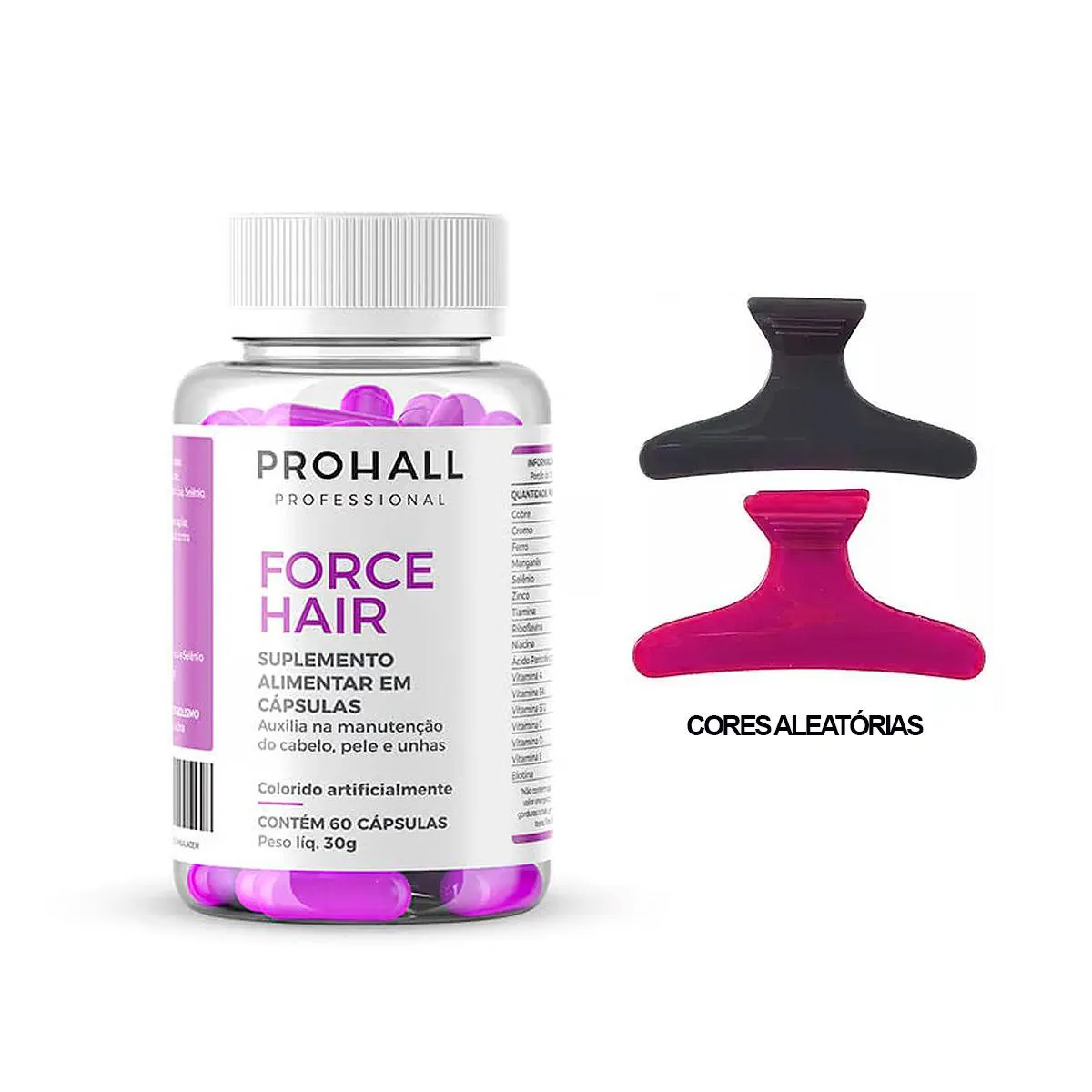 SUPLEMENTO FORCE HAIR CABELO E PELE PROHALL + 2 PRESILHAS