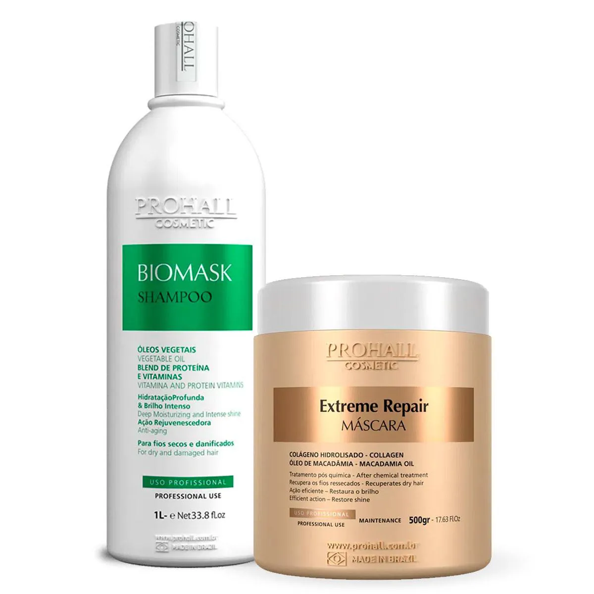 KIT PROHALL SHAMPOO BIOMASK 1L + MáSCARA EXTREME REPAIR 500G