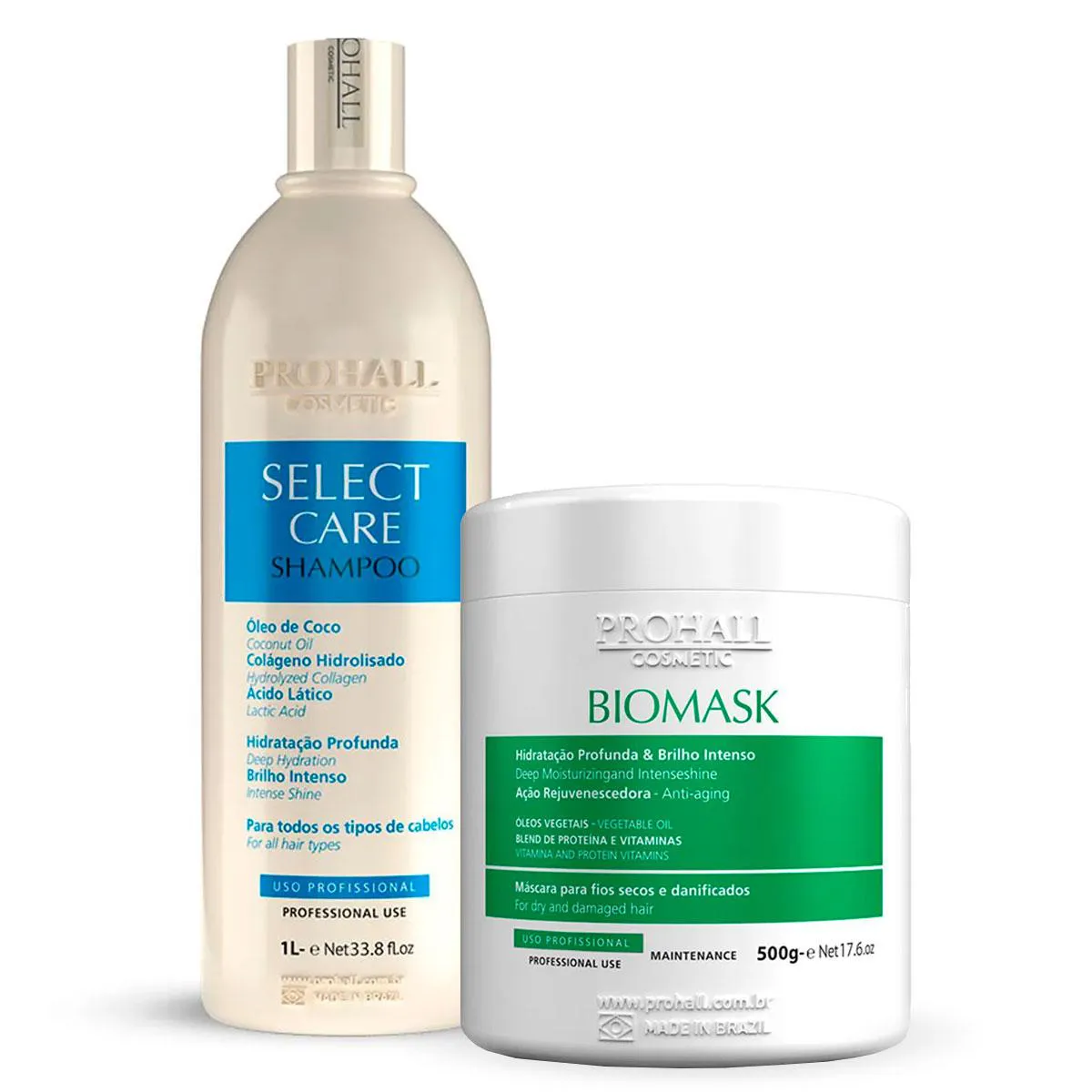 KIT PROHALL SHAMPOO SELECT CARE 1L + MáSCARA BIOMASK 500G