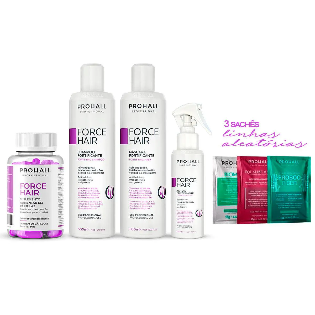 KIT CAPILAR FORCE HAIR PROHALL 4 ITENS ORIGINAL + 3 SACHêS