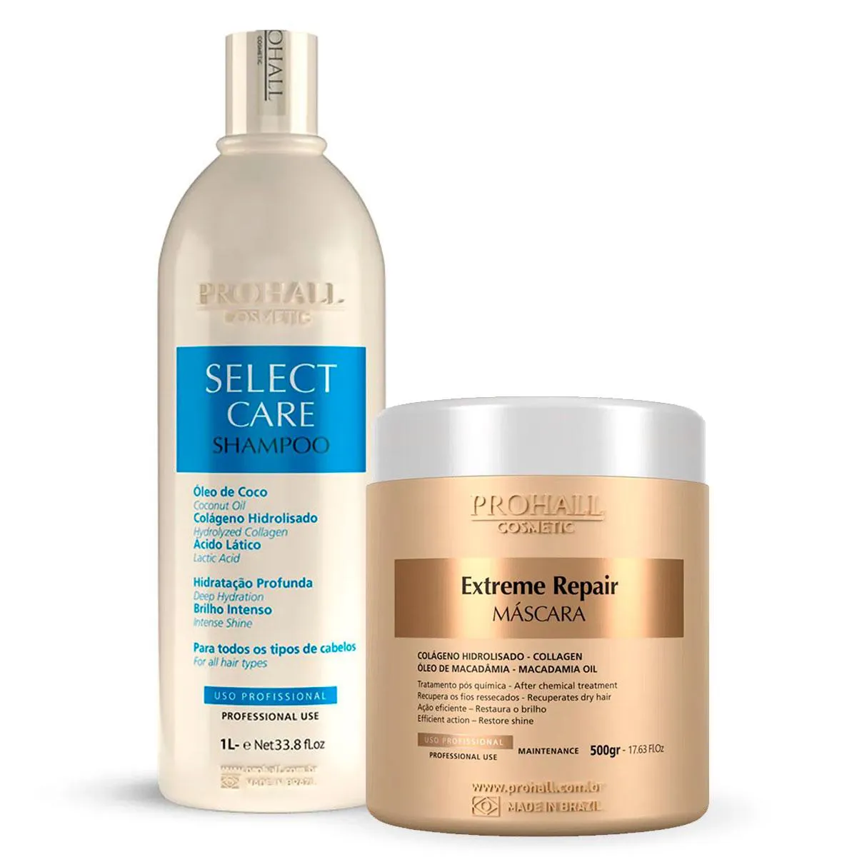 KIT PROHALL SHAMPOO SELECT CARE 1L + MáSCARA EXTREME 500G