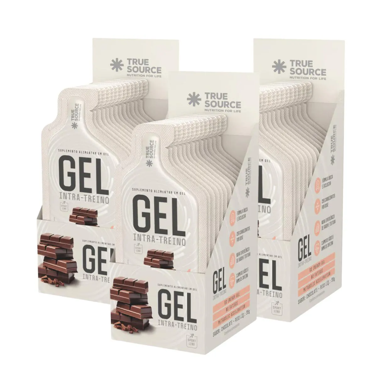 3X GEL INTRA TREINO CHOCOLATE COM CAFEINA TRUE SOURCE 10 UNIDADES 35G