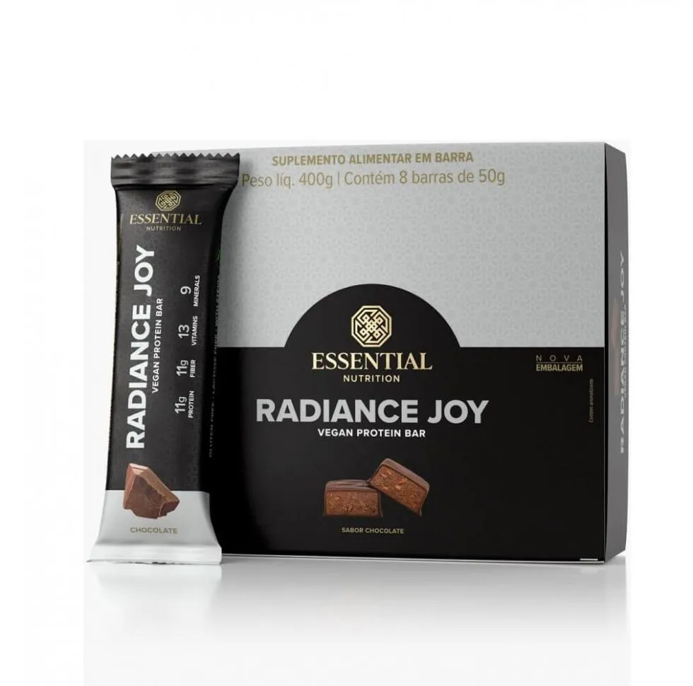 RADIANCE JOY VEGAN PROTEIN BAR DISPLAY (8 UNID. 50G) - SABOR: CHOCOLATE.