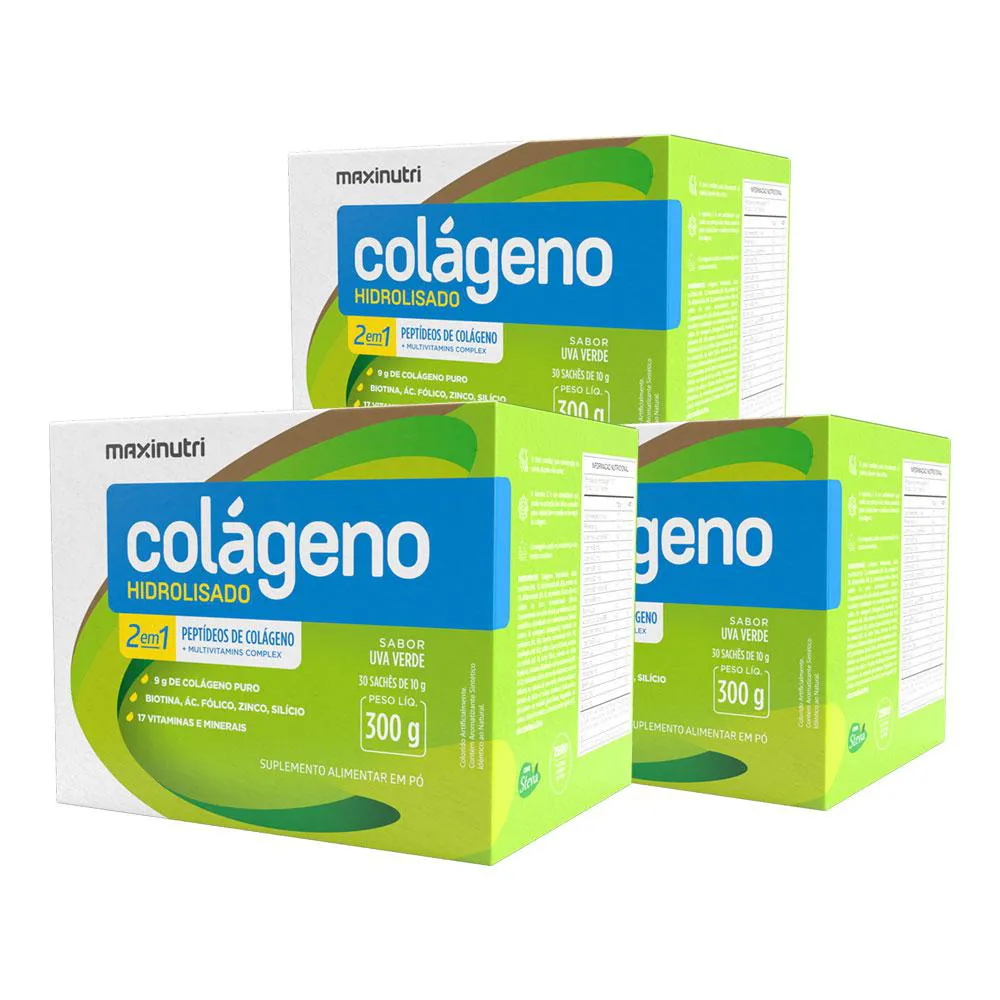 KIT 3 COLáGENO HIDROLISADO COM VITAMINAS E MINERAIS MAXINUTRI 30 SACHES UVA VERDE
