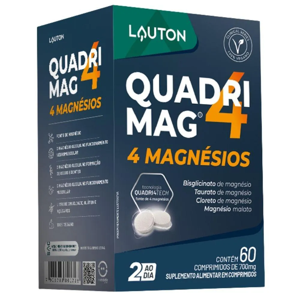 QUADRIMAG 4 MAGNéSIOS (QUELATO, TAURATO, MALATO E CLORETO) 60 COMPRIMIDOS - LAUTON