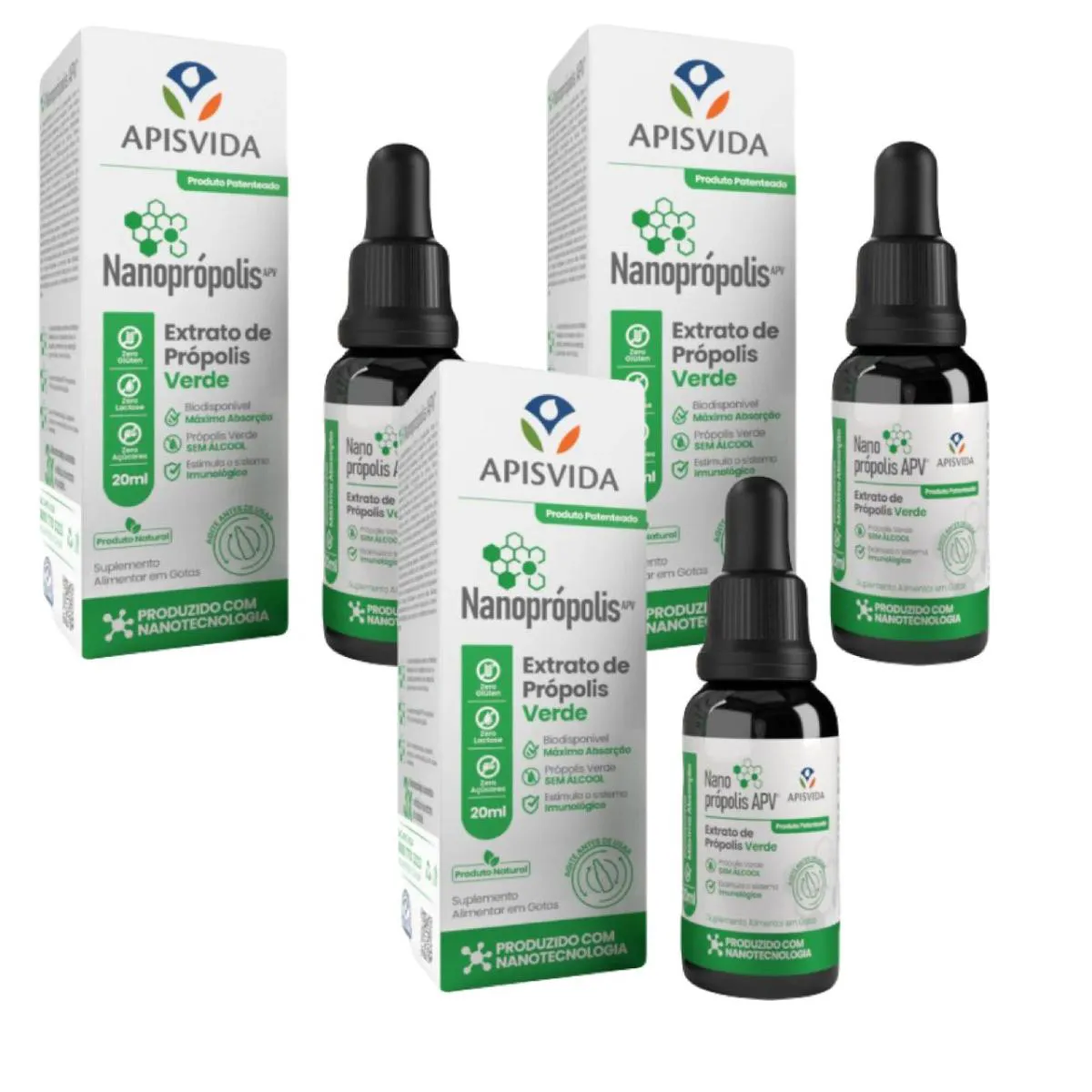 3X NANOPRóPOLIS- EXTRATO DE PRóPOLIS VERDE- 20ML- APIS VIDA SEM Sabor