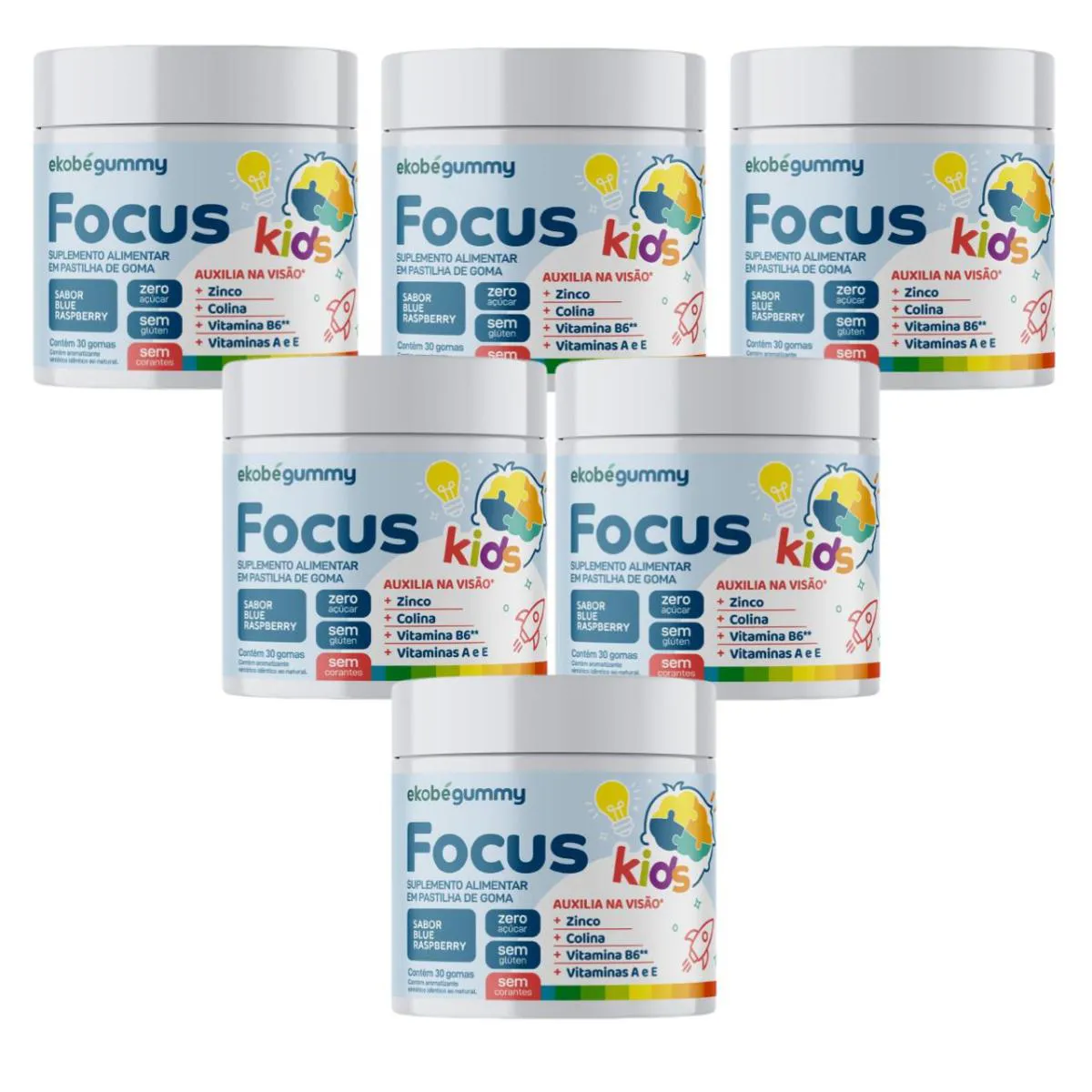6X FOCUS KIDS- GUMMY- SABOR BLUE RASPBERRY- 30 GOMAS- EKOBé SEM Sabor
