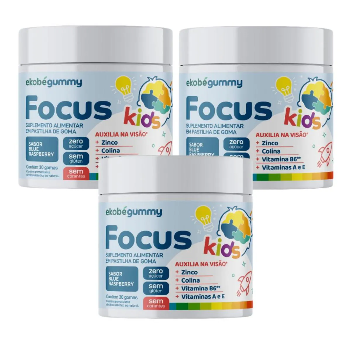 3X FOCUS KIDS- GUMMY- SABOR BLUE RASPBERRY- 30 GOMAS- EKOBé SEM Sabor