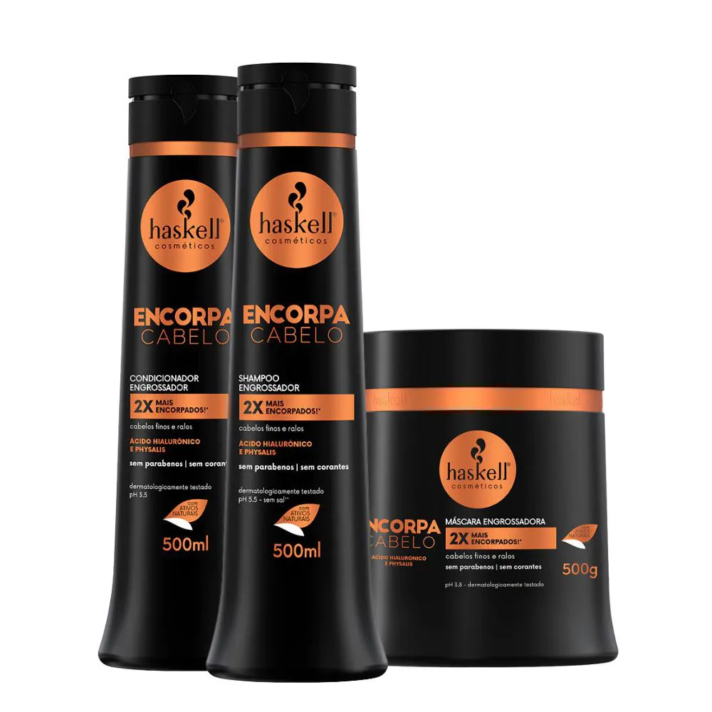 COMBO ENGROSSADOR SHAMPOO, CONDICIONADOR E MáSCARA 500ML/G HASKELL ENCORPA CABELO