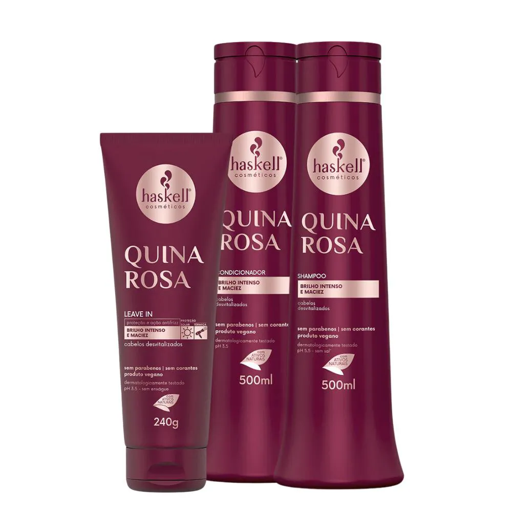KIT QUINA ROSA HASKELL SHAMPOO E CONDICIONADOR 500ML + LEAVE IN 240G