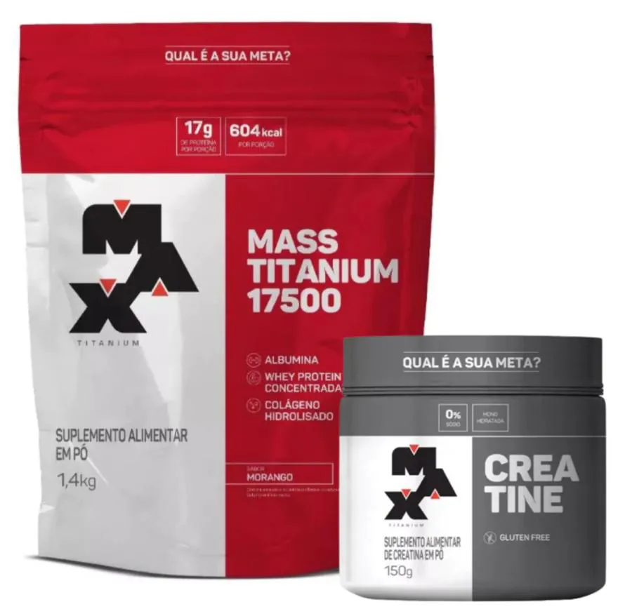 KIT MASS TITANIUM MORANGO 1,4KG + CREATINA PURA 150G - MAX TITANIUM