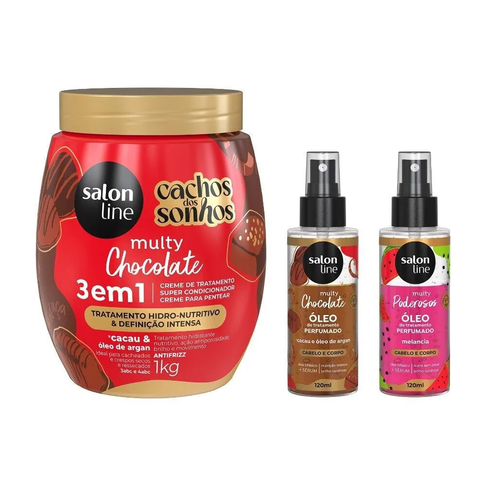 KIT CACHOS DOS SONHOS MULTY COM 2 ÓLEOS PERFUMADOS + CREME DE TRATAMENTO