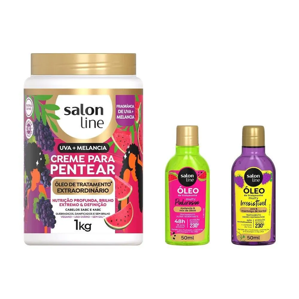 KIT MIX DE MELANCIA E UVA COM CREME PARA PENTEAR E 2 ÓLEOS REPARADOR