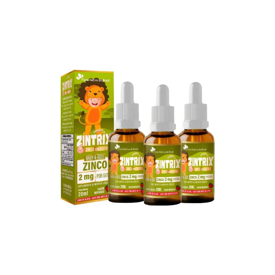 KIT 3X ZINTRIX ZINCO INFANTIL 3 UNIDADES 20ML MORANGO FLORA NATIVA