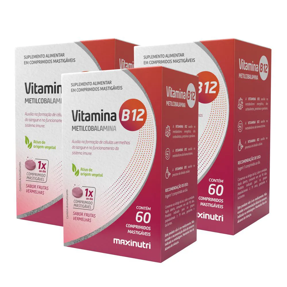 KIT 3 VITAMINA B12 MASTIGáVEL ZERO AçUCAR 60 CP MAXINUTRI