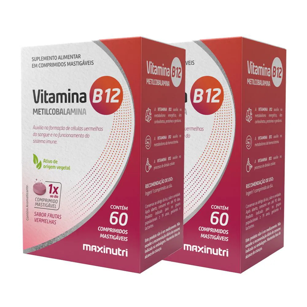 KIT 2 VITAMINA B12 MASTIGáVEL ZERO AçUCAR 60 CP MAXINUTRI