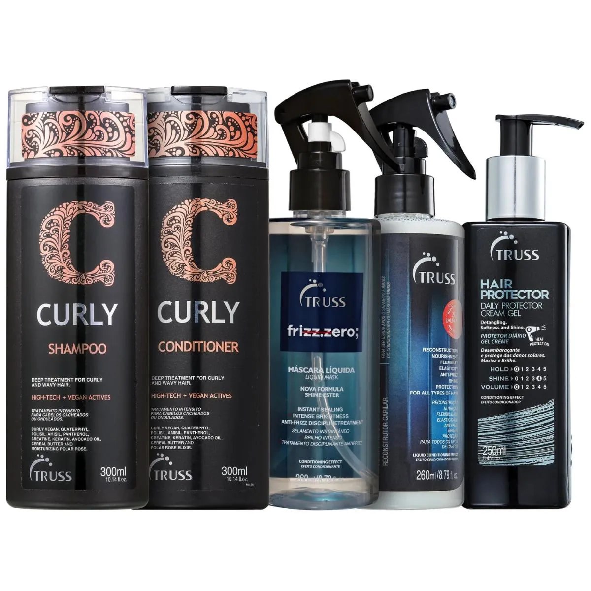KIT TRUSS CURLY - SHAMPOO 300ML + CONDICIONADOR 300ML + FRIZZ ZERO 260ML + USO OBRIGATóRIO 260ML + HAIR PROTECTOR 250ML