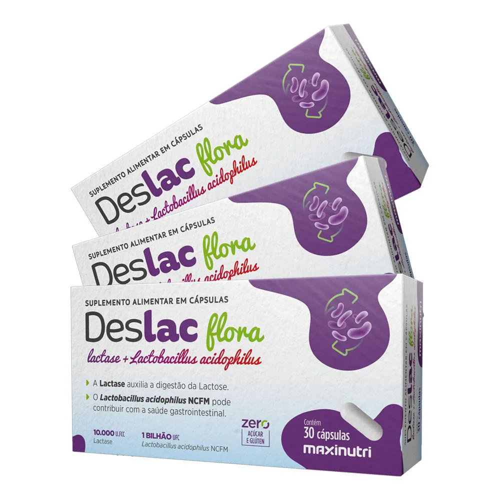 KIT 3 DESLAC FLORA LACTASE + LACTOBACILLUS ACIDOPHILUS 30 CáPS MAXINUTRI