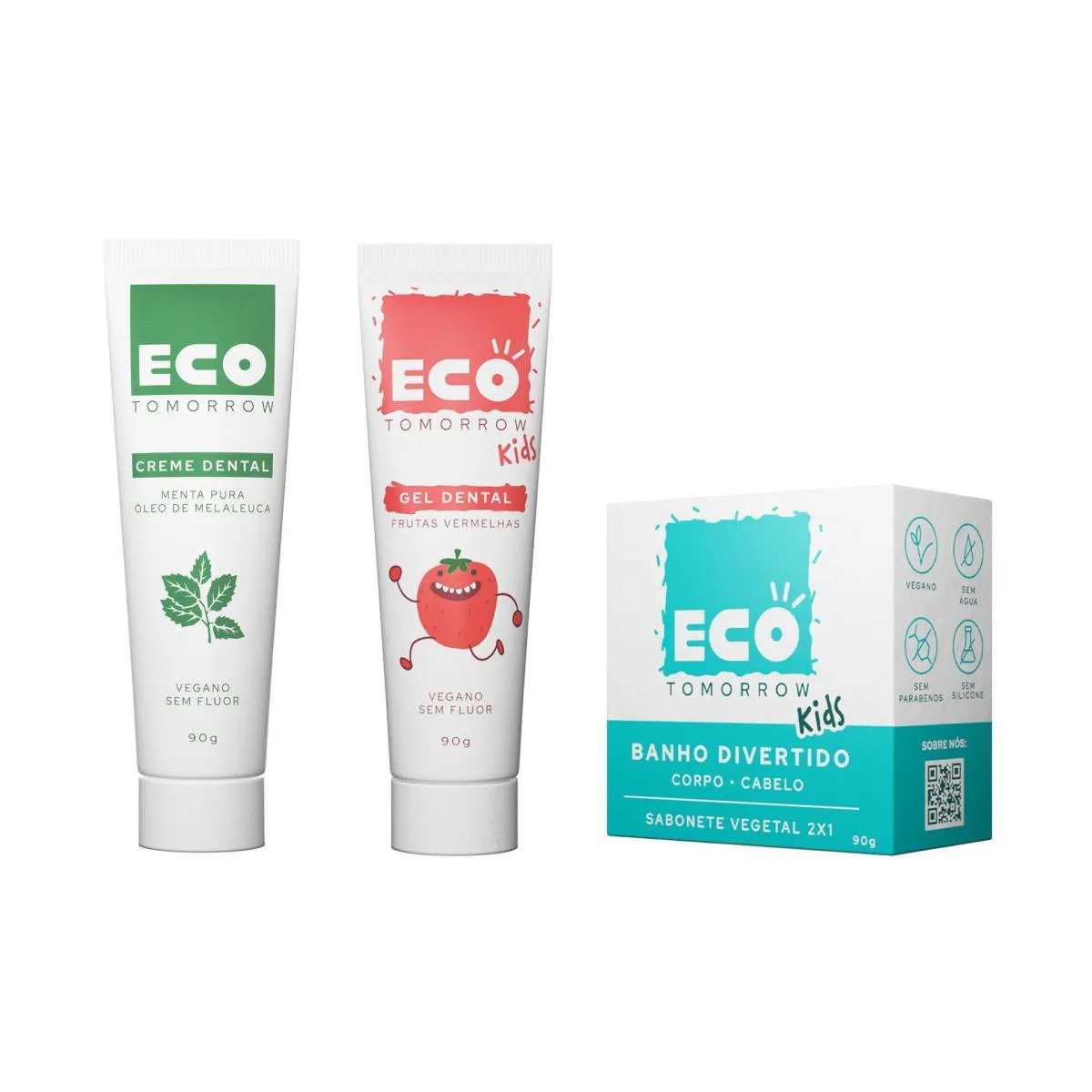 Kit Eco Tomorrow Vegano Gel Dental Menta Pura 90g + Gel Dental Kids Frutas Vermelhas 90g + Sabonete Vegetal Kids 90g