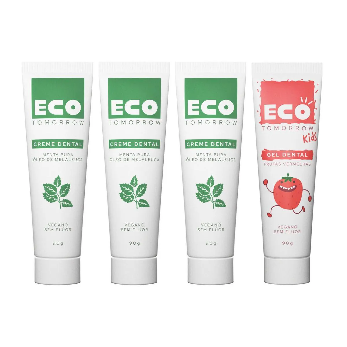 Kit Gel Dental Eco Tomorrow Vegano Menta Pura 90g 3 unidades + Kids Frutas Vermelhas 90g 1 unidade