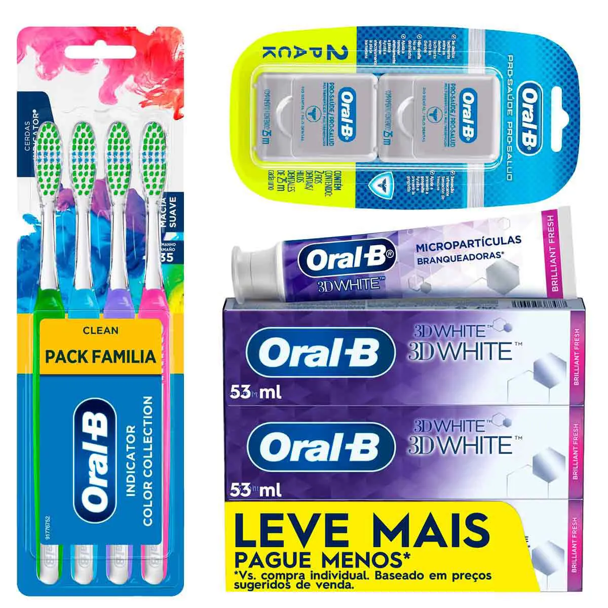 Kit Oral-B Escova de Dente Indicator Color Collection 4 unidades + Pasta de Dente 3D White 70g 3 unidades + Fio Dental Pro-Saúde Multibenefícios Sabor Menta 2 unidades de 25m cada