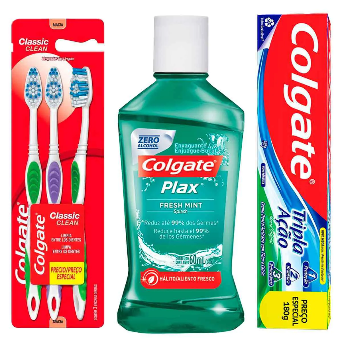 Kit Colgate Escova de Dente Colgate Classic Clean 3 un + Pasta de Dente ...