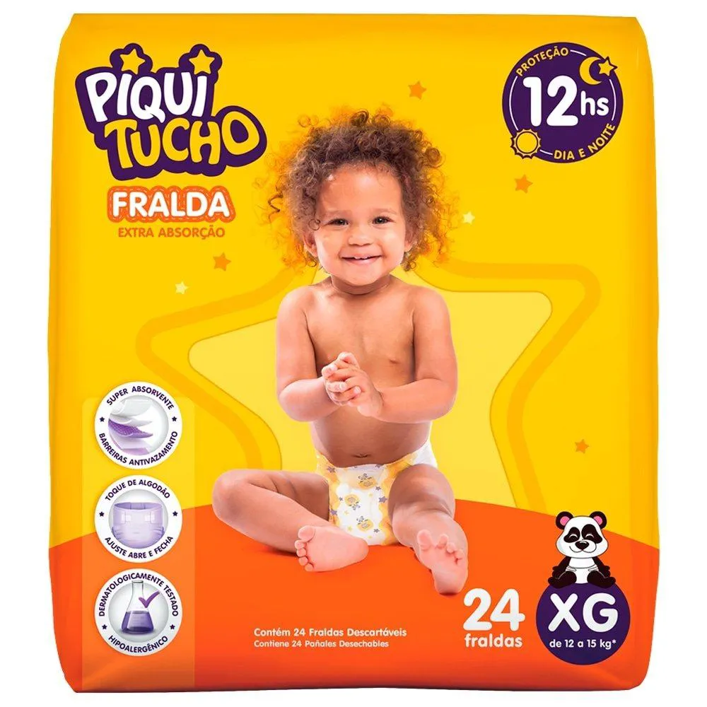 FRALDA DESCARTáVEL PIQUITUCHO TAMANHO XG - 8 PACOTES COM 24 TIRAS - TOTAL DE 192 TIRAS