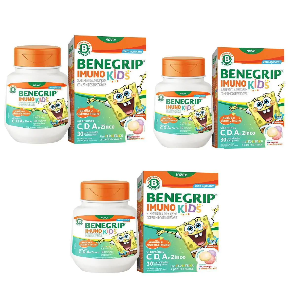 KIT 03 BENEGRIP IMUNO KIDS 30 CPR C,D,A E ZINCO - BENEGRIP