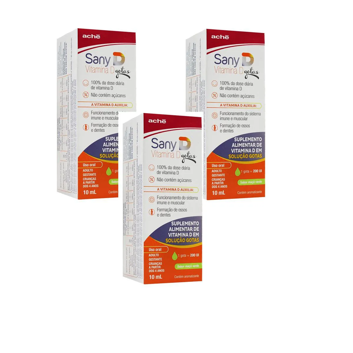 KIT 03 SANY D 200UI VITAMINA GOTAS SABOR MAçA VERDE 10ML - ACHE